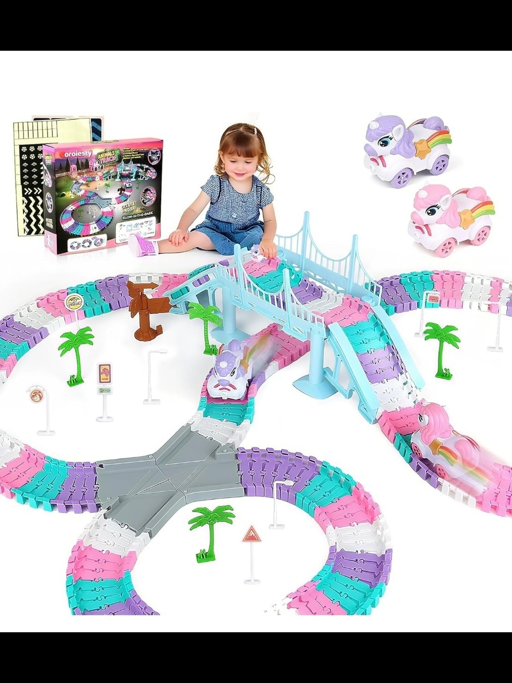 Kids Rainbow Track Set with Pink & Purple Pull-Back Cars